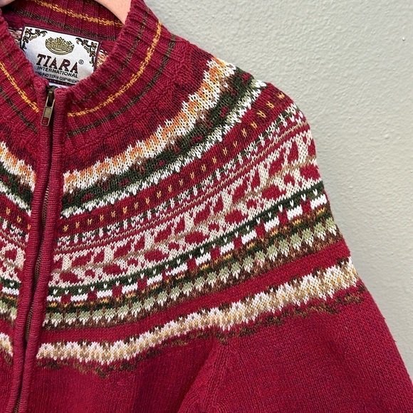 Vintage Tiara International Red Green Yellow Fair Isle Full Zip Sweater sz large - Picture 4 of 9
